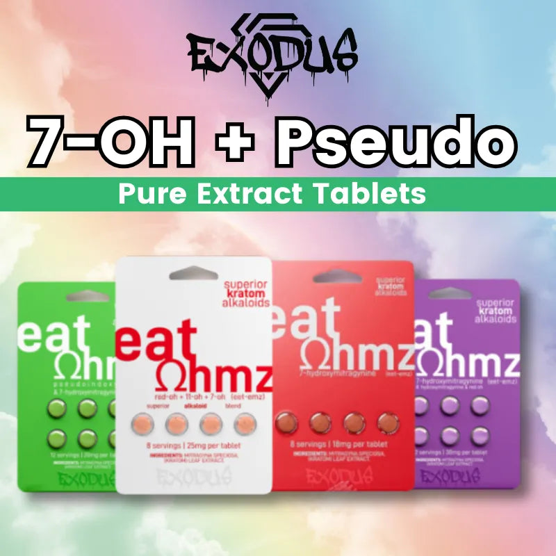 Exodus - Eat Ohmz 7-OH Tablets | Red & White, 4ct red blister pack and white blister pack on red background with exodus logo and text