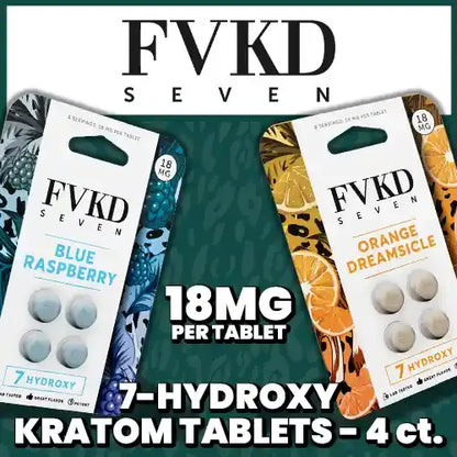 FVKD SEVEN - 7-Hydroxy Tablets 4ct white and blue pack with orange and white pack with tablets and text and fvkd logo