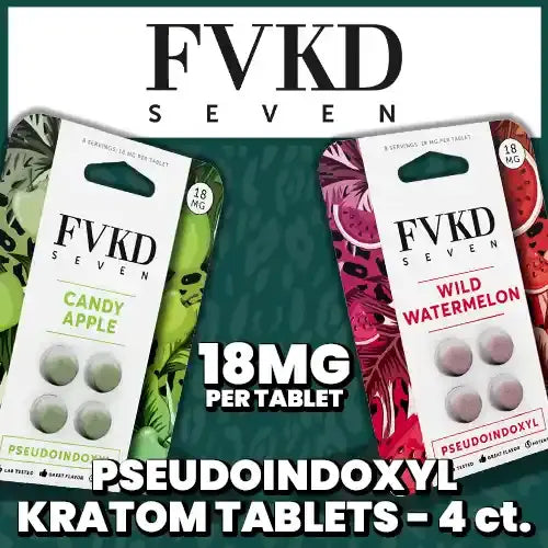 FVKD SEVEN - Pseudoindoxyl Tablets 4ct white and green pack with red and white pack with tablets and text and fvkd logo