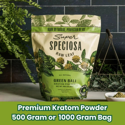 super speciosa green bali powder 1kg bag against tiled background
