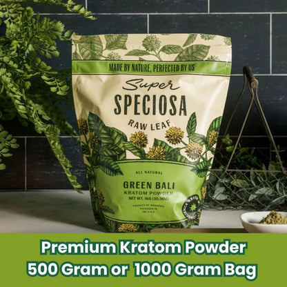 super speciosa green bali powder 1kg bag against tiled background