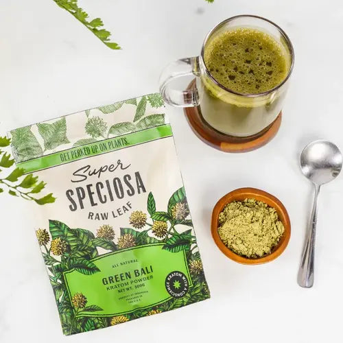 super speciosa green bali 500g bag with drink and powder