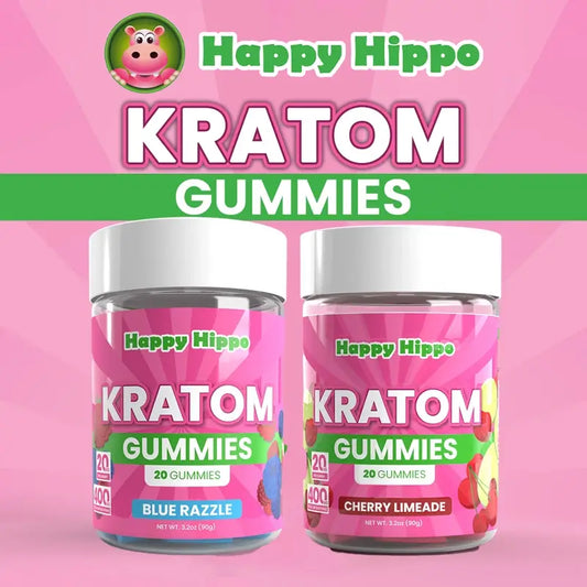 happy hippo kratom gummies pink jar - cherry limeade and blue razzle