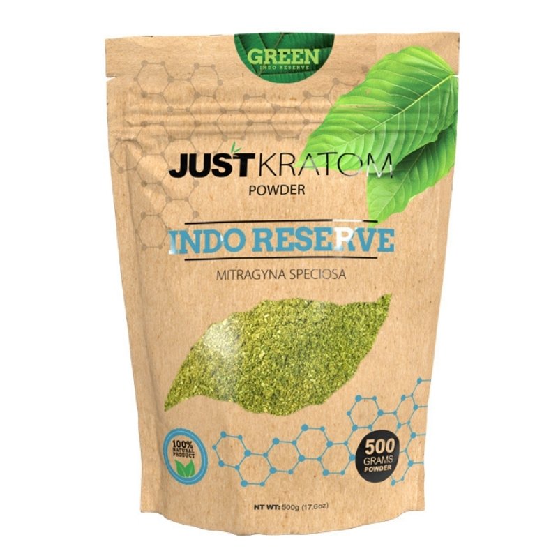 JustKratom Green Indo Reserve Kratom Powder, green indo, kratom powder, green indo kratom powder, brown bag with green kratom leaf and blue text, mitragyna speciosa, 500 grams