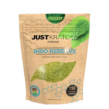 JustKratom Green Indo Reserve Kratom Powder, green indo, kratom powder, green indo kratom powder, brown bag with green kratom leaf and blue text, mitragyna speciosa, 150 grams