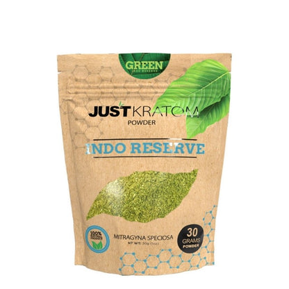 JustKratom Green Indo Reserve Kratom Powder, green indo, kratom powder, green indo kratom powder, brown bag with green kratom leaf and blue text, mitragyna speciosa, 30 grams