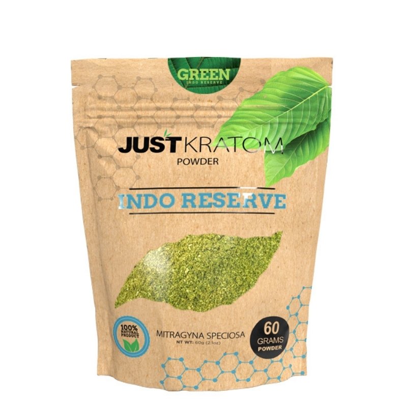 JustKratom Green Indo Reserve Kratom Powder, green indo, kratom powder, green indo kratom powder, brown bag with green kratom leaf and blue text, mitragyna speciosa, 60 grams