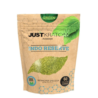 JustKratom Green Indo Reserve Kratom Powder, green indo, kratom powder, green indo kratom powder, brown bag with green kratom leaf and blue text, mitragyna speciosa, 60 grams