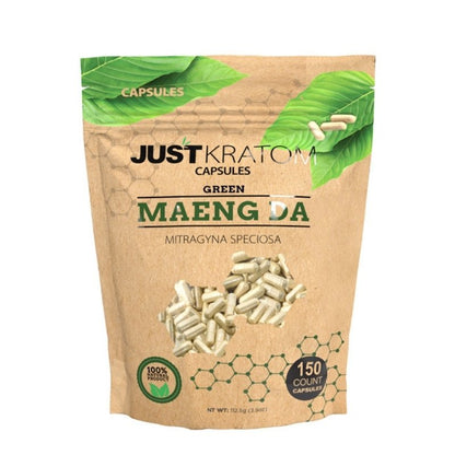 JustKratom Green Maeng Da Kratom Capsules, green maeng da, kratom capsules, green maeng da kratom capsules, brown bag with green kratom leaf and green text, mitragyna speciosa, 150 count