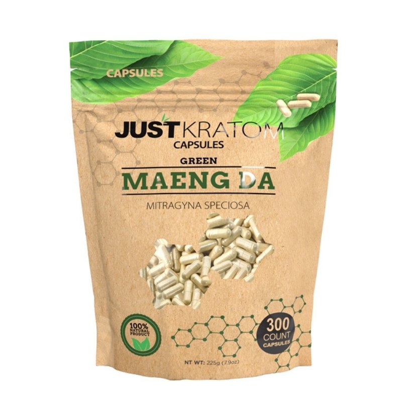 JustKratom Green Maeng Da Kratom Capsules, green maeng da, kratom capsules, green maeng da kratom capsules, brown bag with green kratom leaf and green text, mitragyna speciosa, 300 count