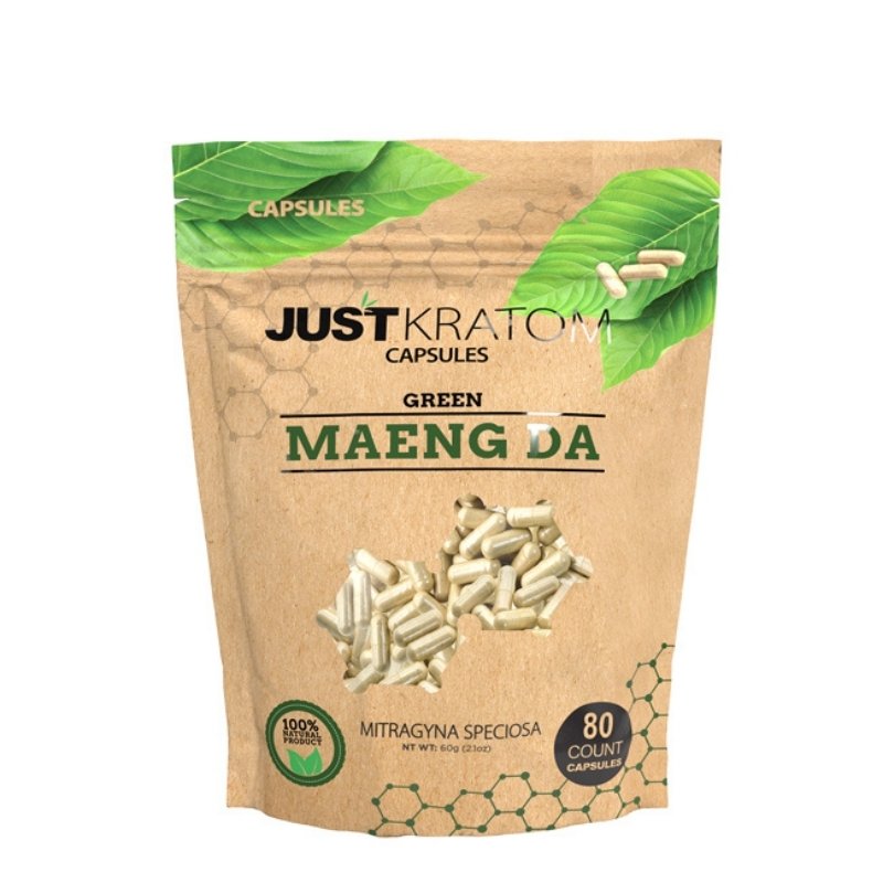 JustKratom Green Maeng Da Kratom Capsules, green maeng da, kratom capsules, green maeng da kratom capsules, brown bag with green kratom leaf and green text, mitragyna speciosa, 80 count