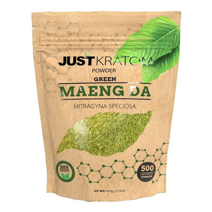 JustKratom Green Maeng Da Kratom Powder, green maeng da, kratom powder, green maeng da kratom powder, brown bag with green kratom leaf and green text, mitragyna speciosa, 500 grams