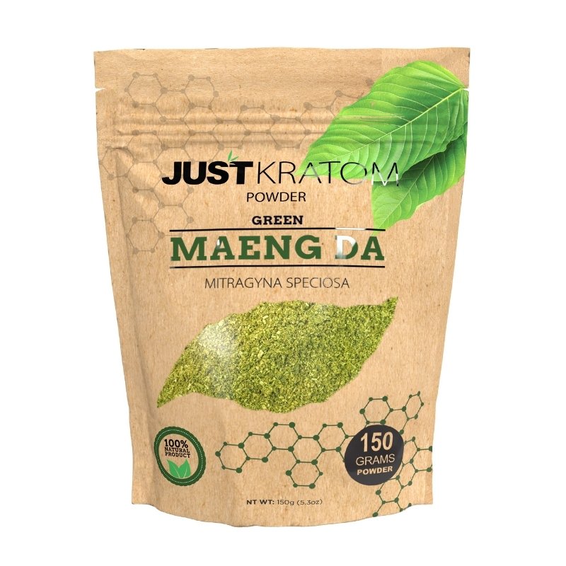 JustKratom Green Maeng Da Kratom Powder, green maeng da, kratom powder, green maeng da kratom powder, brown bag with green kratom leaf and green text, mitragyna speciosa, 150 grams