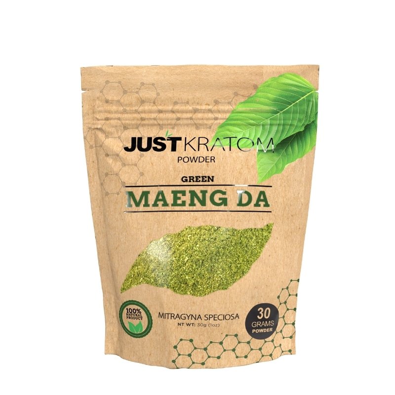 JustKratom Green Maeng Da Kratom Powder, green maeng da, kratom powder, green maeng da kratom powder, brown bag with green kratom leaf and green text, mitragyna speciosa, 30 grams