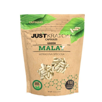 JustKratom Green Malay Kratom Capsules, green malay, kratom capsules, green malay kratom capsules, brown bag with green kratom leaf and green text, mitragyna speciosa, 150 count