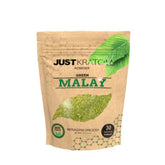 JustKratom Green Malay Kratom Powder, green malay, kratom powder, green malay kratom powder, brown bag with green kratom leaf and green text, mitragyna speciosa, 30 grams