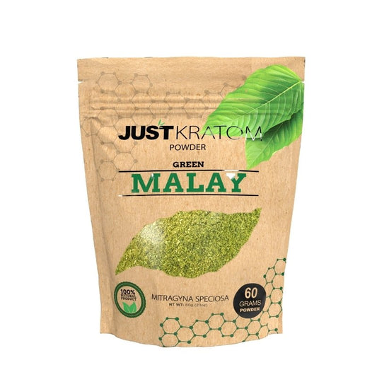 JustKratom Green Malay Kratom Powder, green malay, kratom powder, green malay kratom powder, brown bag with green kratom leaf and green text, mitragyna speciosa, 60 grams
