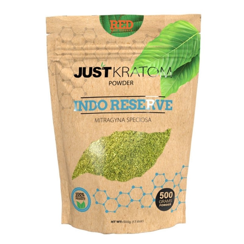 JustKratom Red Indo Reserve Kratom Powder, red indo, kratom powder, red indo kratom powder, brown bag with green kratom leaf and blue text, mitragyna speciosa, 500 grams