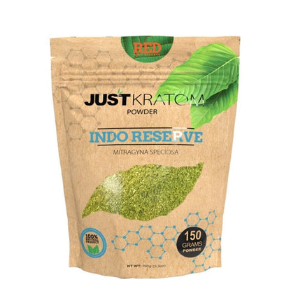 JustKratom Red Indo Reserve Kratom Powder, red indo, kratom powder, red indo kratom powder, brown bag with green kratom leaf and blue text, mitragyna speciosa, 150 grams