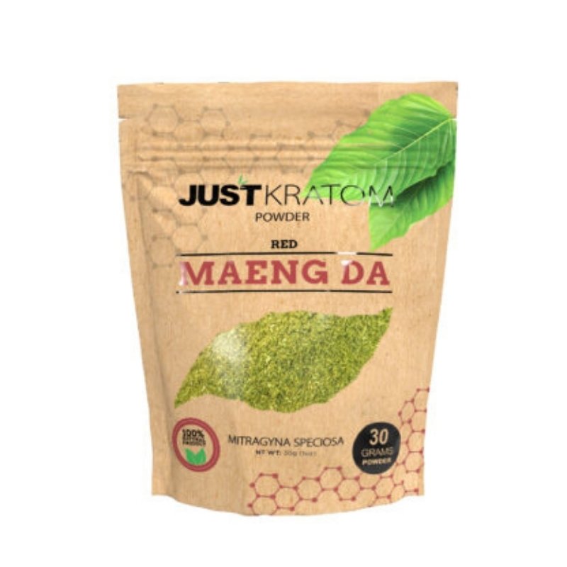 JustKratom Red Maeng Da Kratom Powder, red maeng da, kratom powder, red maeng da kratom powder, brown bag with green kratom leaf and red text, mitragyna speciosa, 30 grams