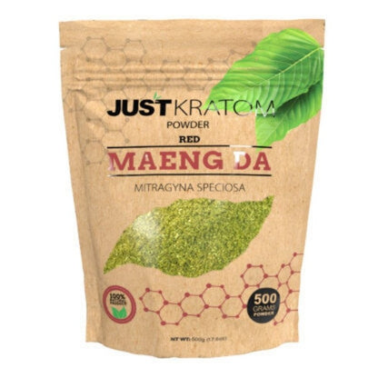 JustKratom Red Maeng Da Kratom Powder, red maeng da, kratom powder, red maeng da kratom powder, brown bag with green kratom leaf and red text, mitragyna speciosa, 500 grams