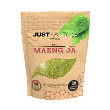 JustKratom Red Maeng Da Kratom Powder, red maeng da, kratom powder, red maeng da kratom powder, brown bag with green kratom leaf and red text, mitragyna speciosa, 60 grams