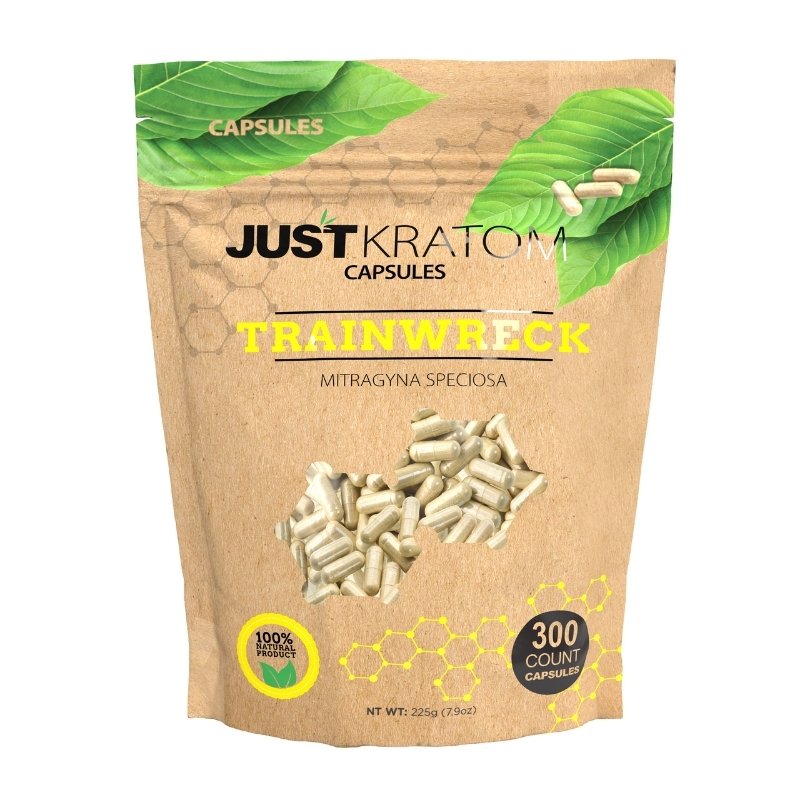 JustKratom Trainwreck Kratom Capsules, trainwreck, kratom capsules, trainwreck kratom capsules, brown bag with green kratom leaf and yellow text, mitragyna speciosa, 300 count