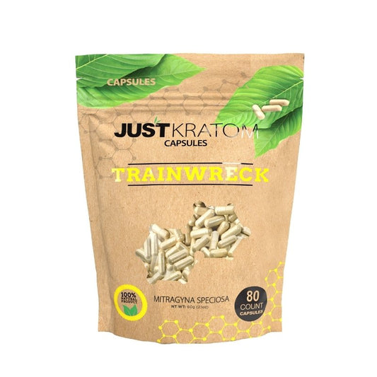 JustKratom Trainwreck Kratom Capsules, trainwreck, kratom capsules, trainwreck kratom capsules, brown bag with green kratom leaf and yellow text, mitragyna speciosa, 80 count