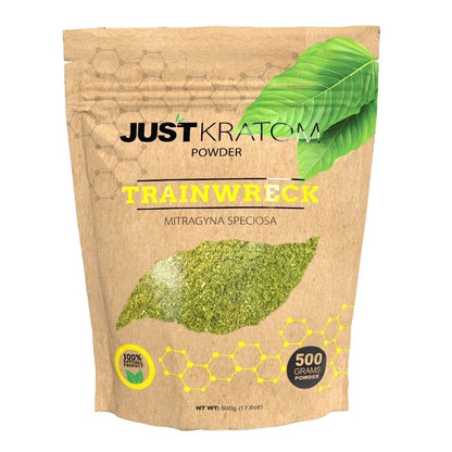 JustKratom Trainwreck Kratom Powder, kratom powder, brown bag with green kratom leaf and yellow text, mitragyna speciosa, 500 grams