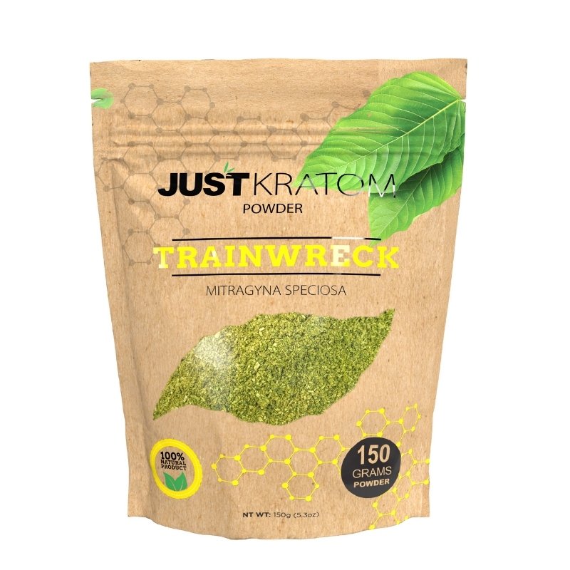 JustKratom Trainwreck Kratom Powder, kratom powder, brown bag with green kratom leaf and yellow text, mitragyna speciosa, 150 grams