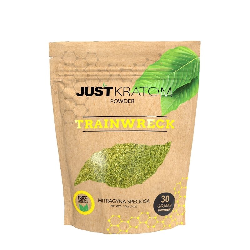 JustKratom Trainwreck Kratom Powder, kratom powder, brown bag with green kratom leaf and yellow text, mitragyna speciosa, 30 grams