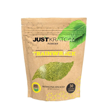 JustKratom Trainwreck Kratom Powder, kratom powder, brown bag with green kratom leaf and yellow text, mitragyna speciosa, 30 grams