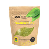 JustKratom Trainwreck Kratom Powder, kratom powder, brown bag with green kratom leaf and yellow text, mitragyna speciosa, 60 grams