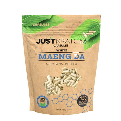 JustKratom White Maeng Da Kratom Capsules, white maeng da, kratom capsules, white maeng da kratom capsules, brown bag with green kratom leaf and blue text, mitragyna speciosa, 150 count