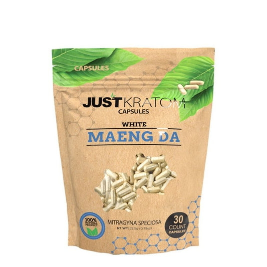 JustKratom White Maeng Da Kratom Capsules, white maeng da, kratom capsules, white maeng da kratom capsules, brown bag with green kratom leaf and blue text, mitragyna speciosa, 30 count