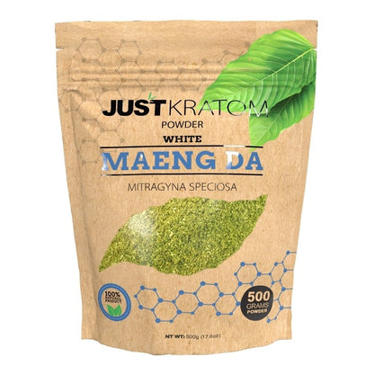 JustKratom White Maeng Da Kratom Powder, white maeng da, kratom powder, white maeng da kratom powder, brown bag with green kratom leaf and text, mitragyna speciosa, 500 grams