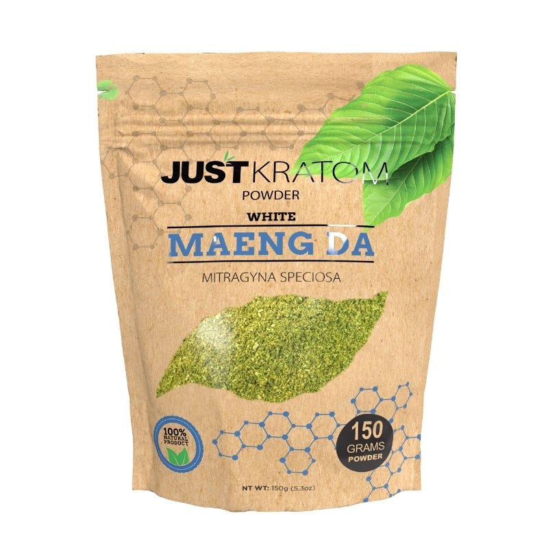 JustKratom White Maeng Da Kratom Powder, white maeng da, kratom powder, white maeng da kratom powder, brown bag with green kratom leaf and text, mitragyna speciosa, 150 grams