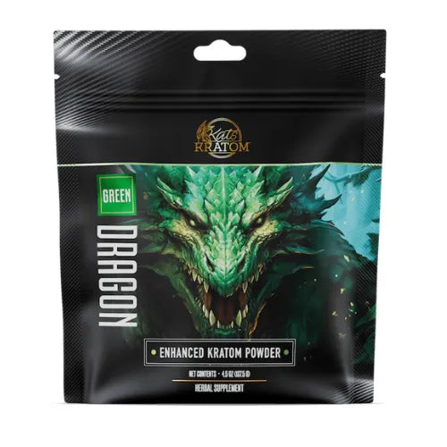 Kats Kratom - Dragon Enhanced Green Vein Kratom Powder- 127.5 grams black bag with green dragon on black background with kats kratom logo and text