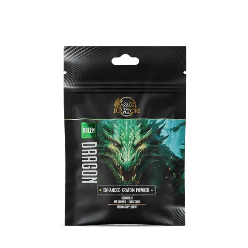 Kats Kratom - Dragon Enhanced Green Vein Kratom Capsules black bag with green dragon