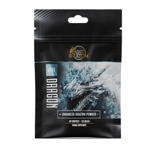Kats Kratom - Dragon Enhanced White Vein Kratom Powder- 28 grams black bag with white dragon on black background with kats kratom logo and text