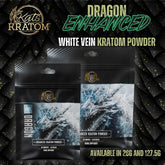 Kats Kratom - Dragon Enhanced White Vein Kratom Powder black bags with white dragon on black background with kats kratom logo and text