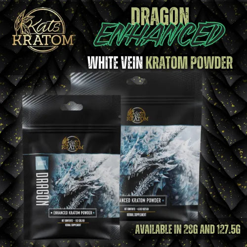 Kats Kratom - Dragon Enhanced White Vein Kratom Powder black bags with white dragon on black background with kats kratom logo and text