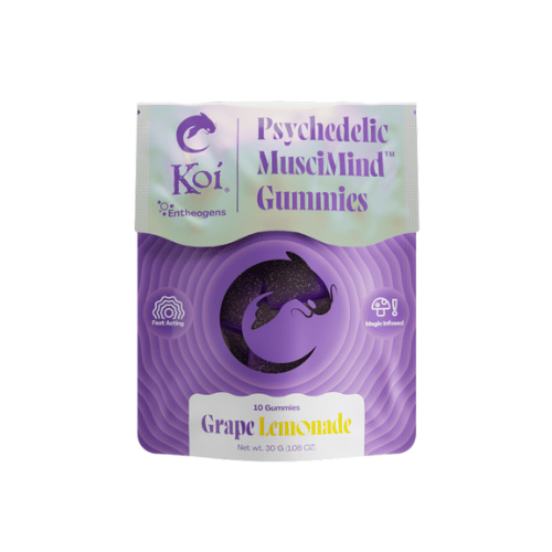 Koi Muscimind Mushroom Gummies, magic mushroom gummies, mushroom gummies, white and purple bag with koi fish and text, 10ct, grape lemonade