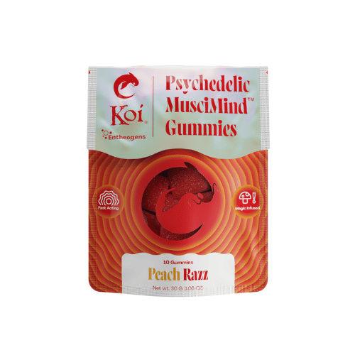 Koi Muscimind Mushroom Gummies, magic mushroom gummies, mushroom gummies, white and orange bag with koi fish and text, 10ct, peach razz