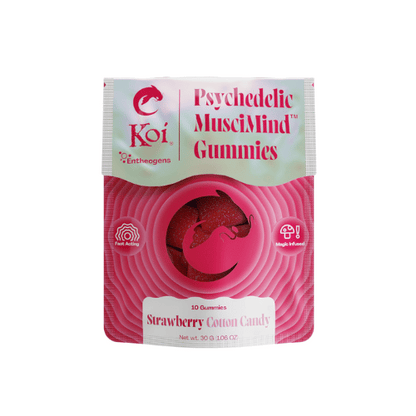 Koi Muscimind Mushroom Gummies, magic mushroom gummies, mushroom gummies, white and pink bag with koi fish and text, 10ct, strawberry cotton candy