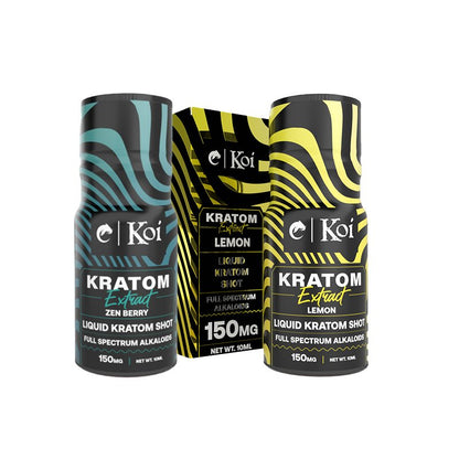 Koi Kratom Extract Shots, kratom shot, extract shot, liquid extract; black and blue bottle with text next to black and yellow box with text and black and yellow bottle with text, full spectrum alkaloids, zen berry, lemon