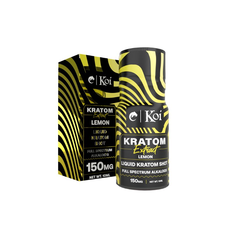 Koi Kratom Extract Shots, kratom shot, extract shot, liquid extract; yellow box with text and black and yellow bottle with text, full spectrum alkaloids, lemon