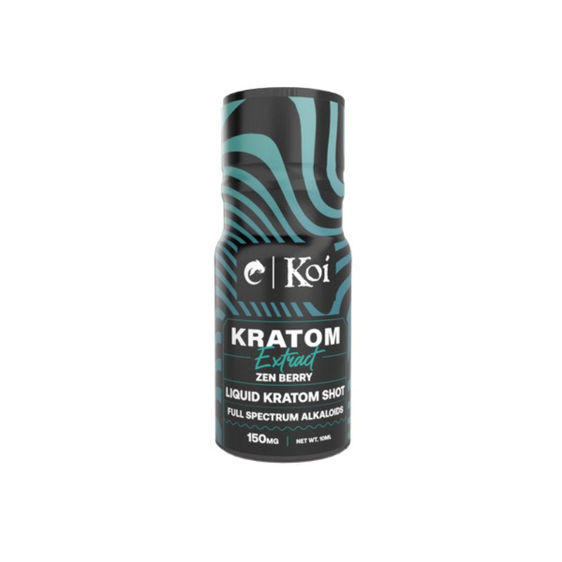 Koi Kratom Extract Shots, kratom shot, extract shot, liquid extract; black and blue bottle with text, full spectrum alkaloids, zen berry