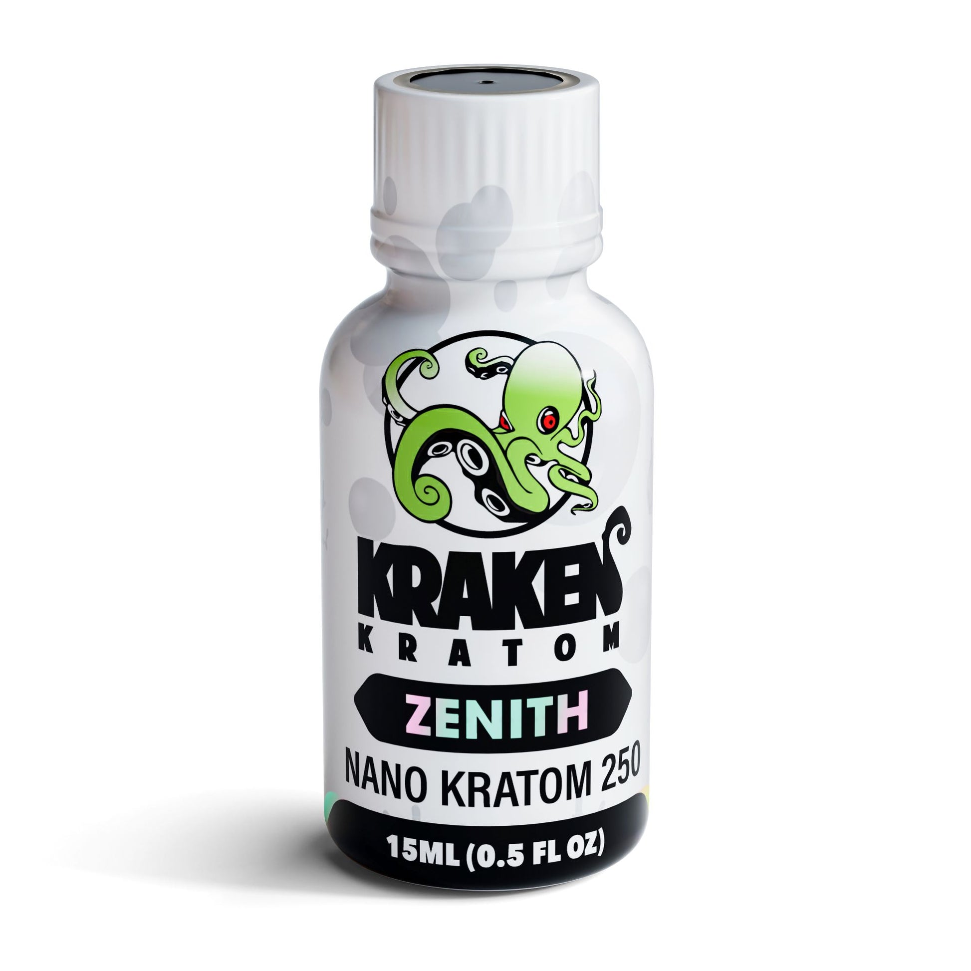 kraken kratom zenith shot nano kratom white bottle with green kraken logo