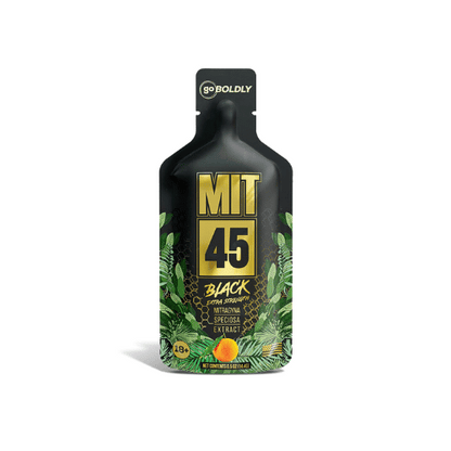 MIT45 black bottle with gold text and green leaves